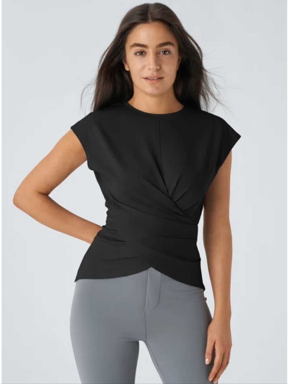 Halara NWT Cap Sleeve Crossover Hem Adjustable Work Top Size Medium In Black